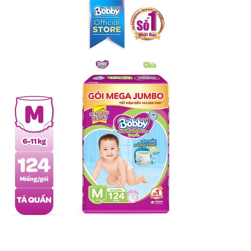 Tã quần bobby gói Mega Jumbo M124/L108/XL96/XXL88/M120/L104