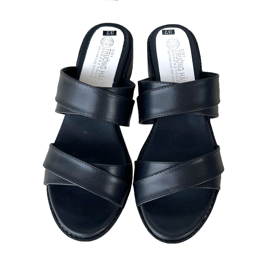 Dép nữ gót vuông 4cm Trường Hải Màu đen da mềm mại DCG01