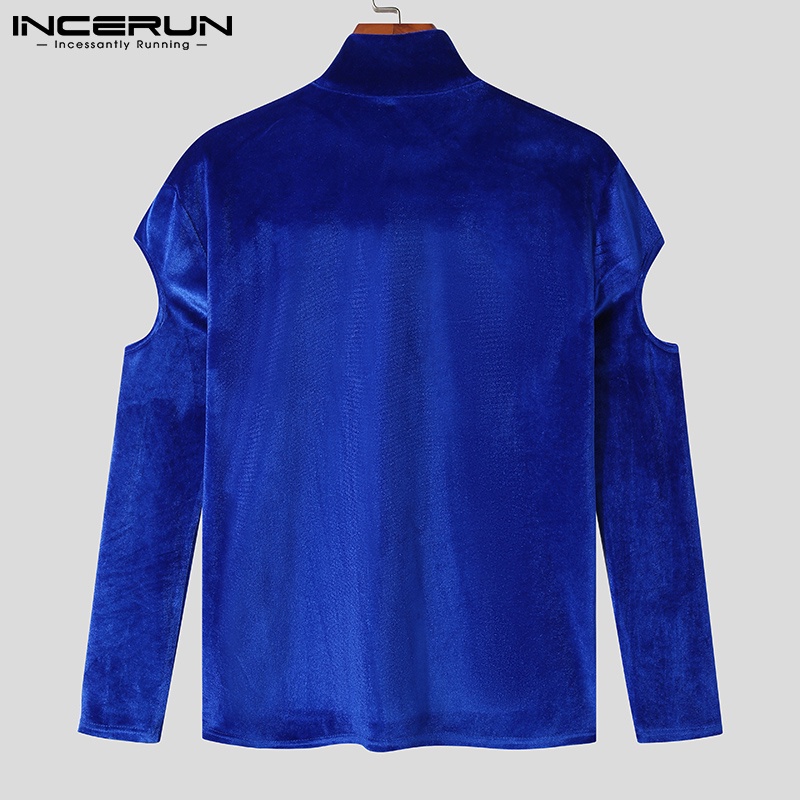 Áo nam INCERUN tay dài cổ cao dáng ôm vải nhung khoét lỗ thời trang gợi cảm