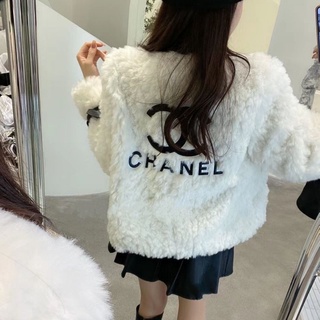 FXDAZI 【】Áo khoác lông thỏ giả lông thỏ thêu chữ C ấm áp