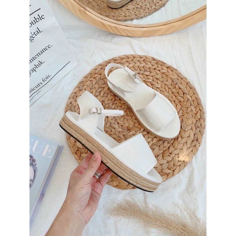 Sandal da mịn vân ô bản to đế cói bằng - 3P