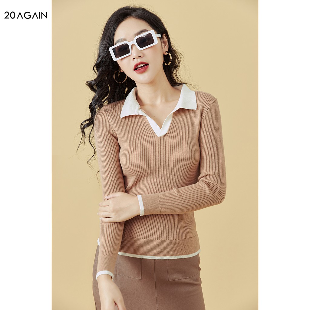 [Mã WABRAG99 giảm 10% đơn 99K] Áo len nữ dài tay phối cổ 20AGAIN, co giãn, tôn dáng ALA0061 | BigBuy360 - bigbuy360.vn