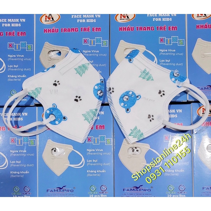 ✅ Hộp 10 khẩu trang y tế 5D mask N95 VN95 Famapro Nam Anh cho bé dưới 6 tuổi hình gấu xanh
