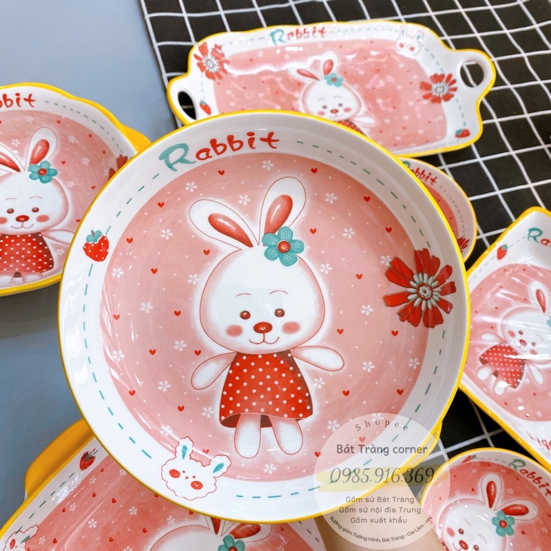 [Hàng có sẵn] Bộ thỏ hồng Rabbit siêu xinh, set bát đĩa sứ hình thú ngộ nghĩnh