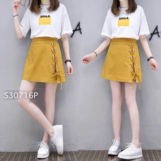 Set Bộ Áo Thun Phối Chân Váy Xẻ Hông Cột Dây Dễ Thương EVA SET 30008