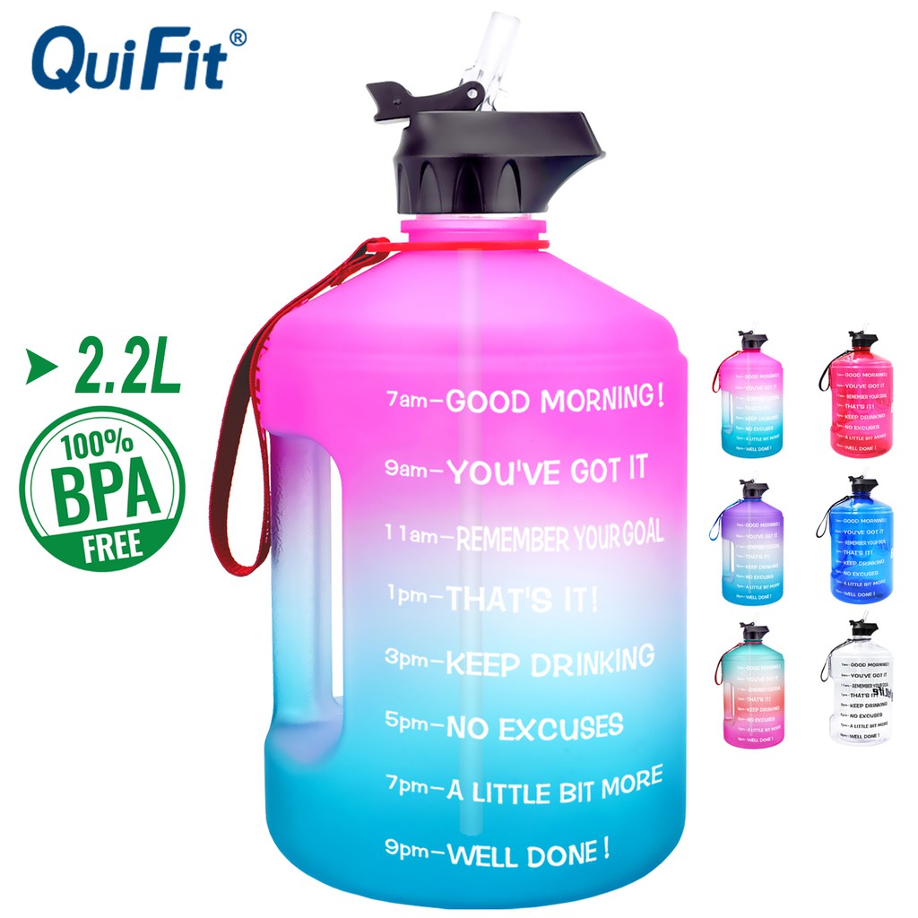 QuiFit 2.2L Bình Nước Thể Thao Không BPA Có Ống Hút Và Đánh Dấu Thời Gian Dung Tích