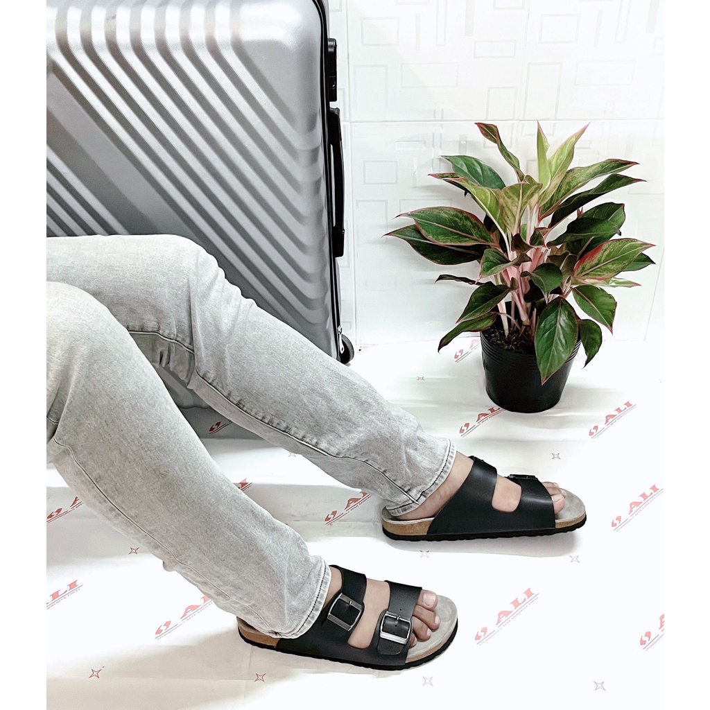 Dép đế trấu Birken nam nữ unisex quai 2 khóa màu đen