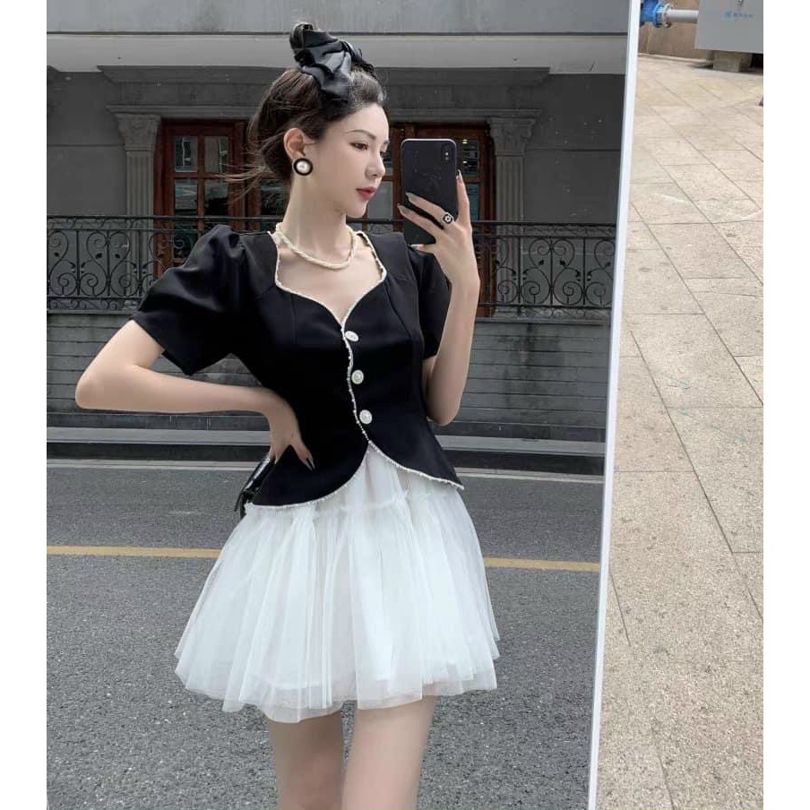 Set váy áo vest nữ và phối váy ren, áo vest đính nút kiểu cách, đường viền kim tuyến, tay phồng, thời trang hot thu đông