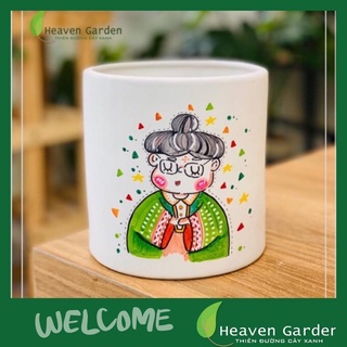 Chậu men vẽ - trồng cây để bàn - văn phòng