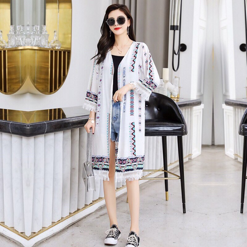 Áo Khoác Cardigan Vải Lanh Mềm Mịn Dáng Dài Hoạ Tiết Hình Học Phong Cách Bohemian - Lucky Girl shop