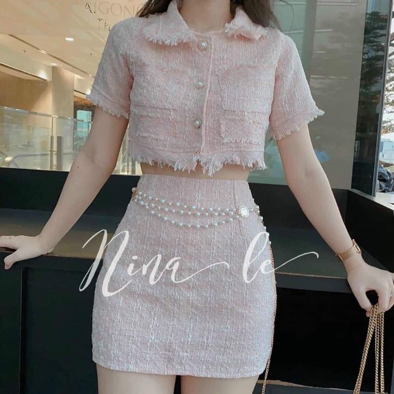Set dạ áo cổ sen + chân váy
