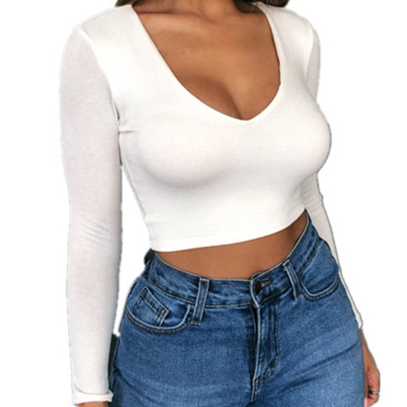 Áo Thun Tay Dài Cổ Chữ V Màu Sắc Đơn Giản Dành Cho Nữ