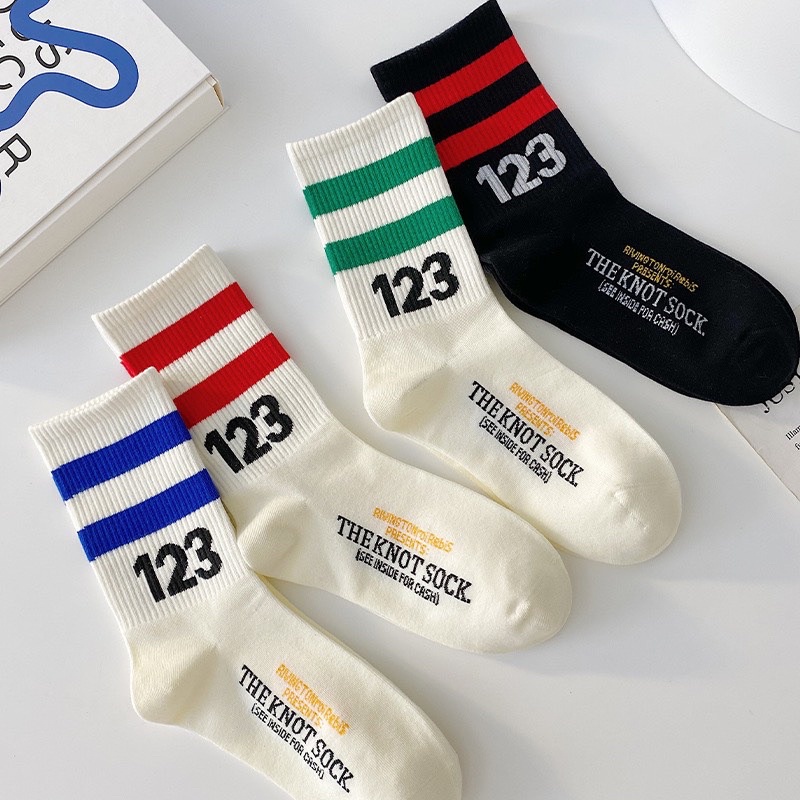 Vớ Tất cổ cao cotton LYMIA unsex kẻ ngang số 123 phong cách thể thao BT17