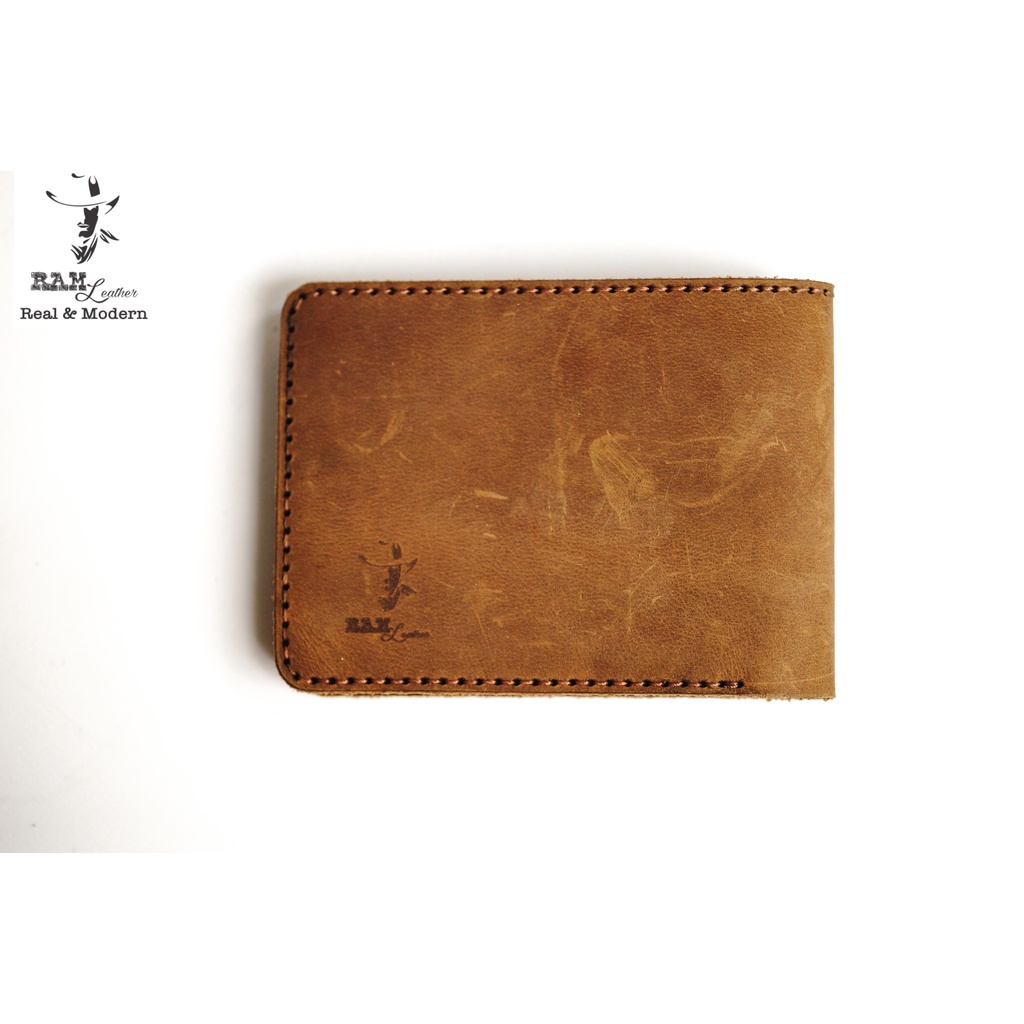 Ví nam da bò RAM Leather Simple Wallet Da Bò Thật Màu Nâu Đất Dáng Ngang