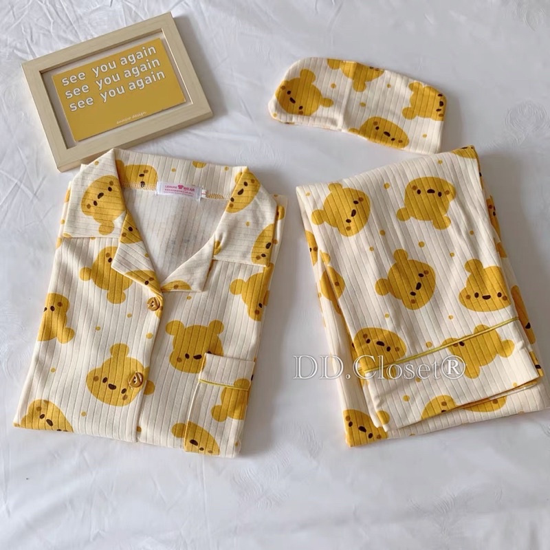 Bộ đồ ngủ pijama nữ cộc tay quần dài chất lụa Kate Thái mềm mịn màu trắng viền hình đầu gấu nâu siêu đáng yêu - CD0075