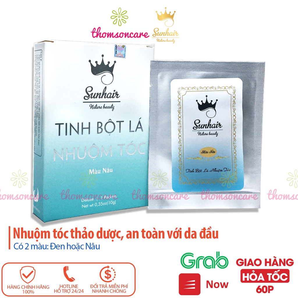 Thuốc nhuộm tóc Sunhair từ tinh bột lá thảo dược, lên màu đen, nâu, phủ bạc tóc trắng, an toàn cho da đầu