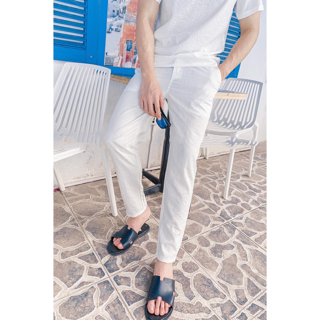 Quần Dài Nam Đũi Trắng Trơn 2STOREGLE Chất Mịn Mát Kiểu Dáng Khuy Cài Phong Cách Hàn Quốc