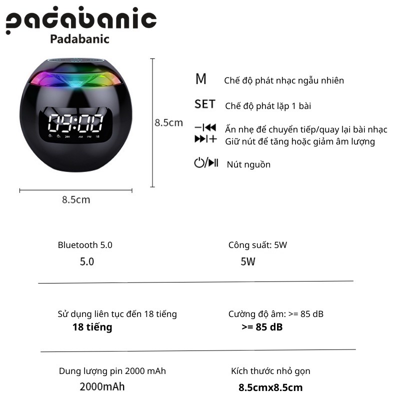 Loa Bluetooth Không Dây Kết Nối Điện Thoại Kiêm Đồng Hồ Padabanic G9S Hình Tròn Đèn LED