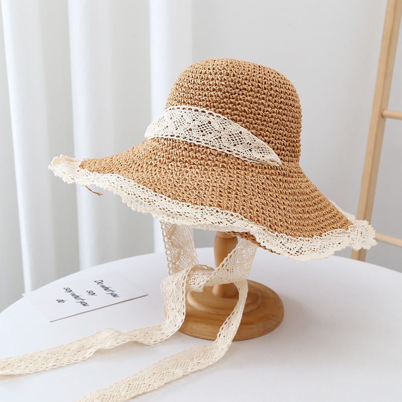 Mũ cói mềm vành viền ren rộng 12Cm phối quai ren cách điệu phù hợp đi du lịch