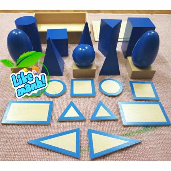 Giáo cụ Montessori - Hộp khối hình học màu xanh kèm đế