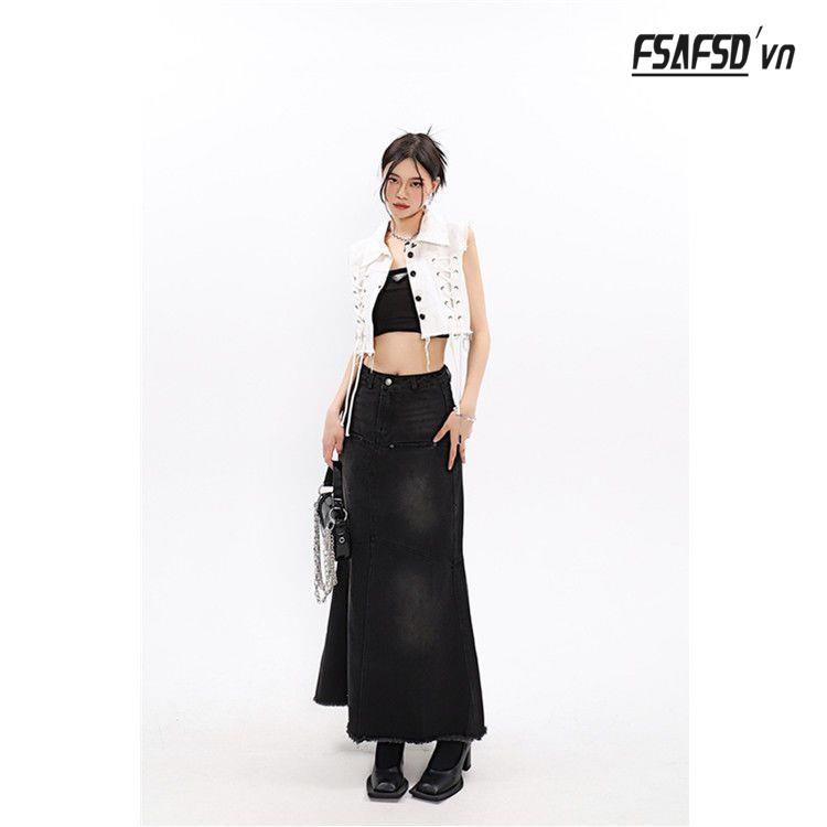 Chân Váy Denim Lưng Cao Phong Cách Retro Mùa Hè Thu Cho Nữ