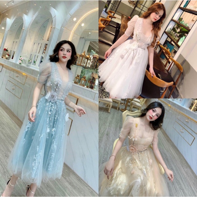 Đầm xoè kim sa đính hoa