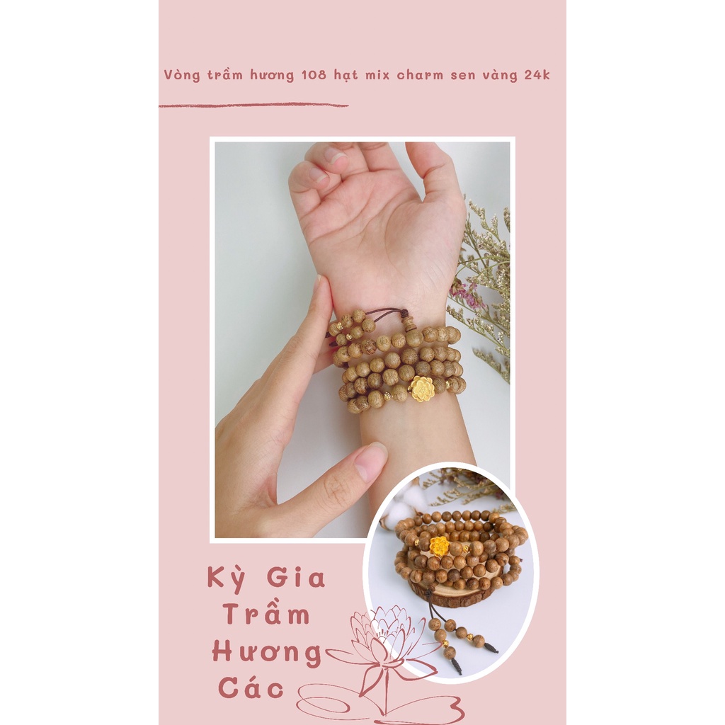 Vòng Tay Trầm Hương Rừng Kỳ Gia Phối Charm Hoa Mai 8 Li 108 Hạt