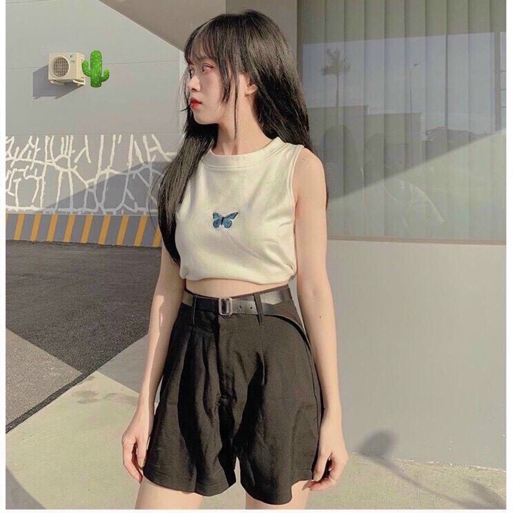 Áo croptop 3 lỗ thêu bướm thời trang dễ kết hợp chân váy quần cộc dễ thương TTPK0025