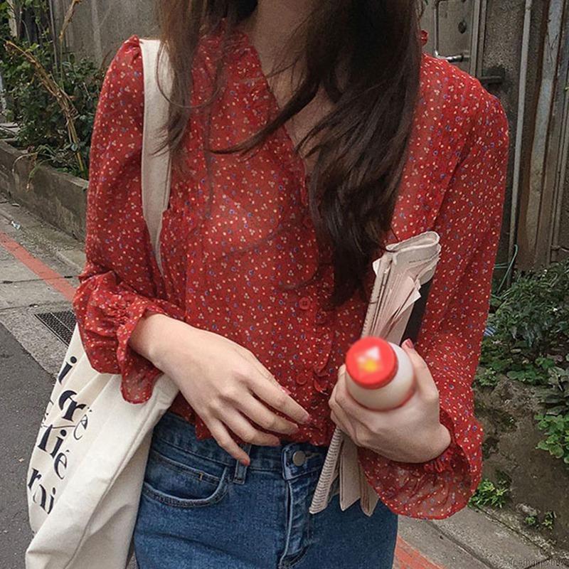Áo Kiểu Chiffon In Hoa Tay Phồng Thanh Lịch Phong Cách Hàn Quốc