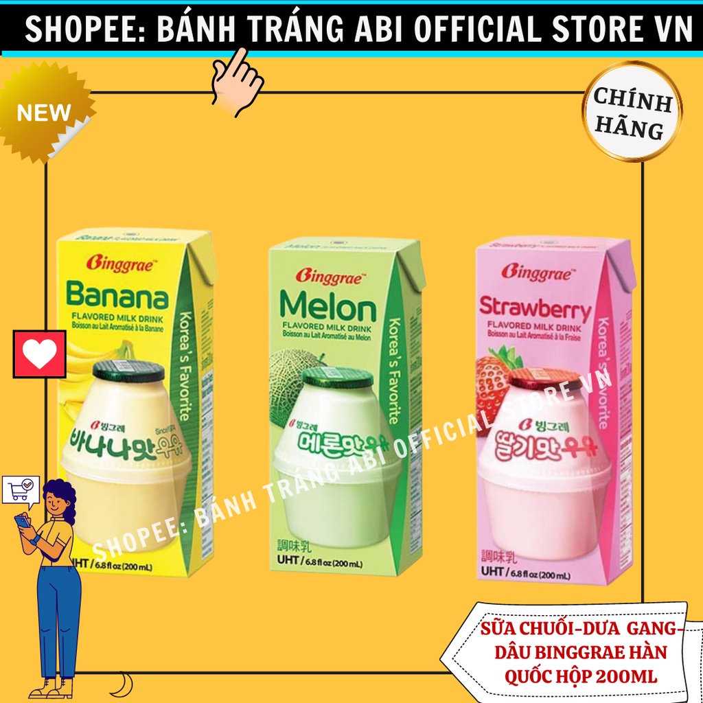 Sữa Tiệt Trùng Vị Trái Cây Binggrae Milk Drink Nhập Khẩu Hàn Quốc 3 vị chuối-dưa gan-dâu 200ml hộp