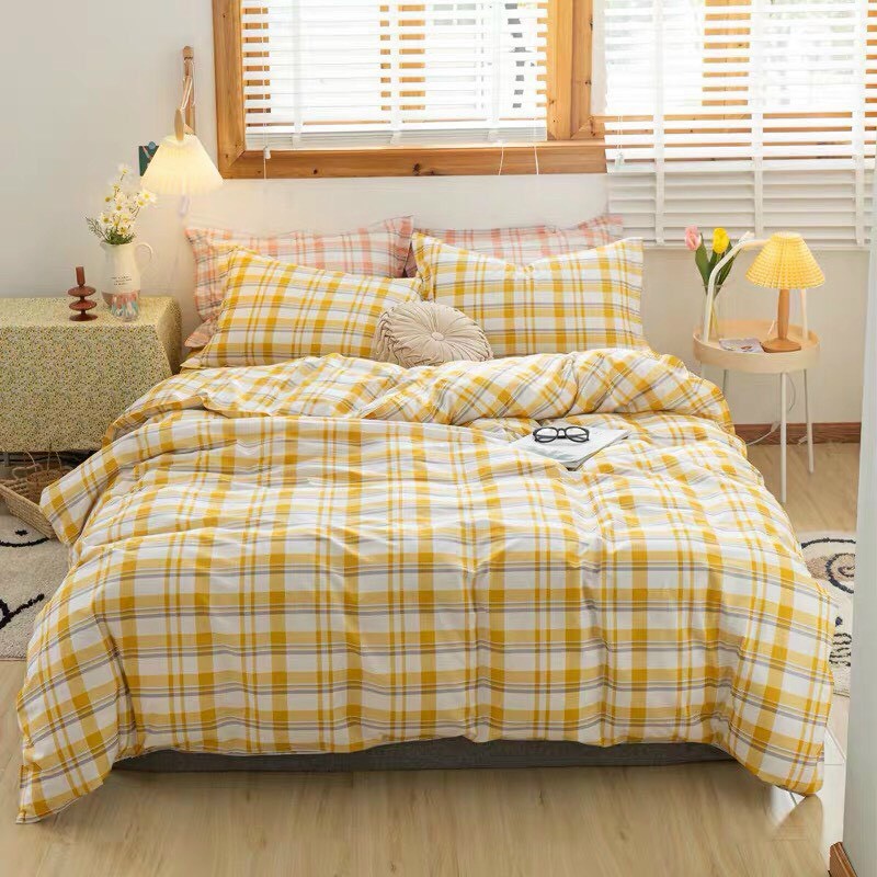 Bộ chăn ga gối , coton poly Emmibedding họa tiết kẻ ô vuông đủ size miễn phí bo chun