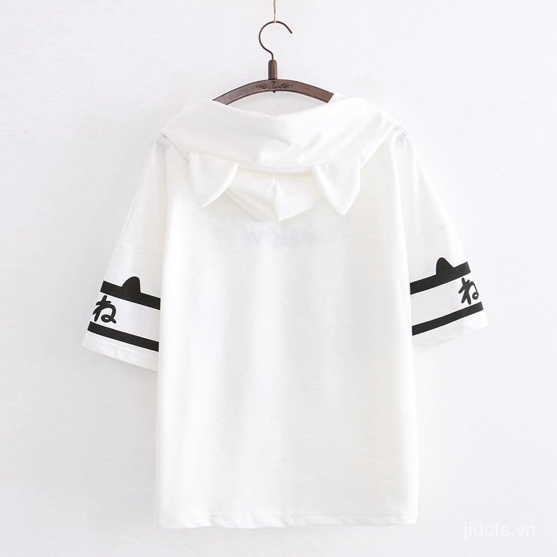 Áo hoodie ngắn tay thêu hình chân mèo xinh xắn phong cách Harajuku Nhật Bản dành cho nữ