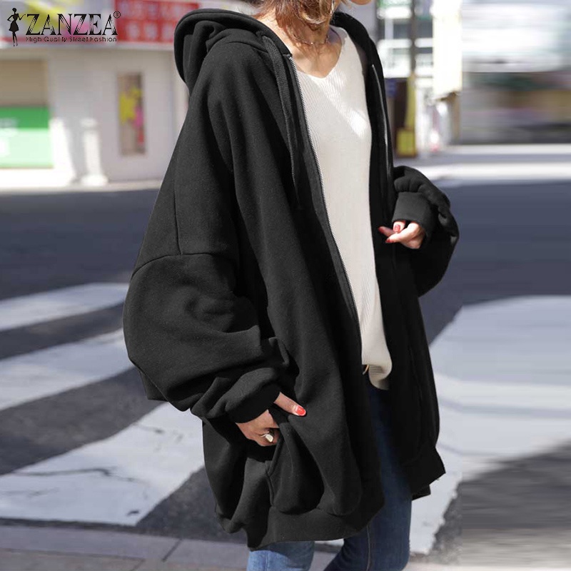 Áo khoác hoodie ZANZEA dáng rộng tay dài phối túi bên và khóa kéo trước phong cách đơn giản thời trang cho nữ