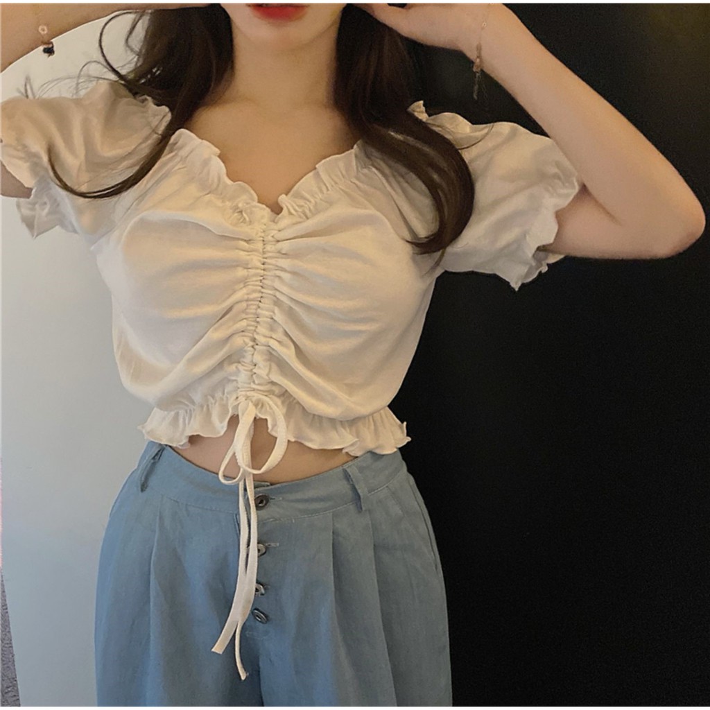 Áo trễ vai croptop rút ngực ulzzang phong cách Hàn Quốc, Áo hở vai rúm ngực ulzzang C48 - MaoMao