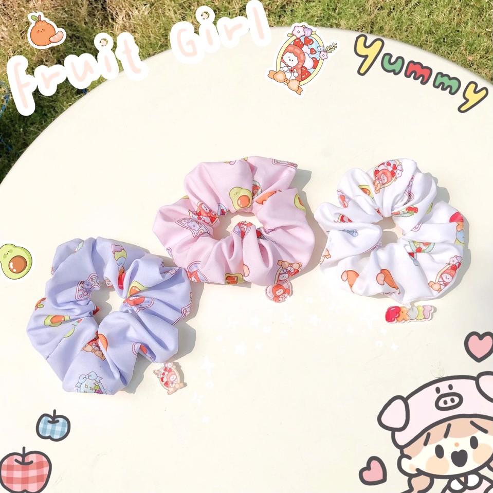 Dây buộc tóc scrunchies Charm fruit girl, scrunchies charm trái cây