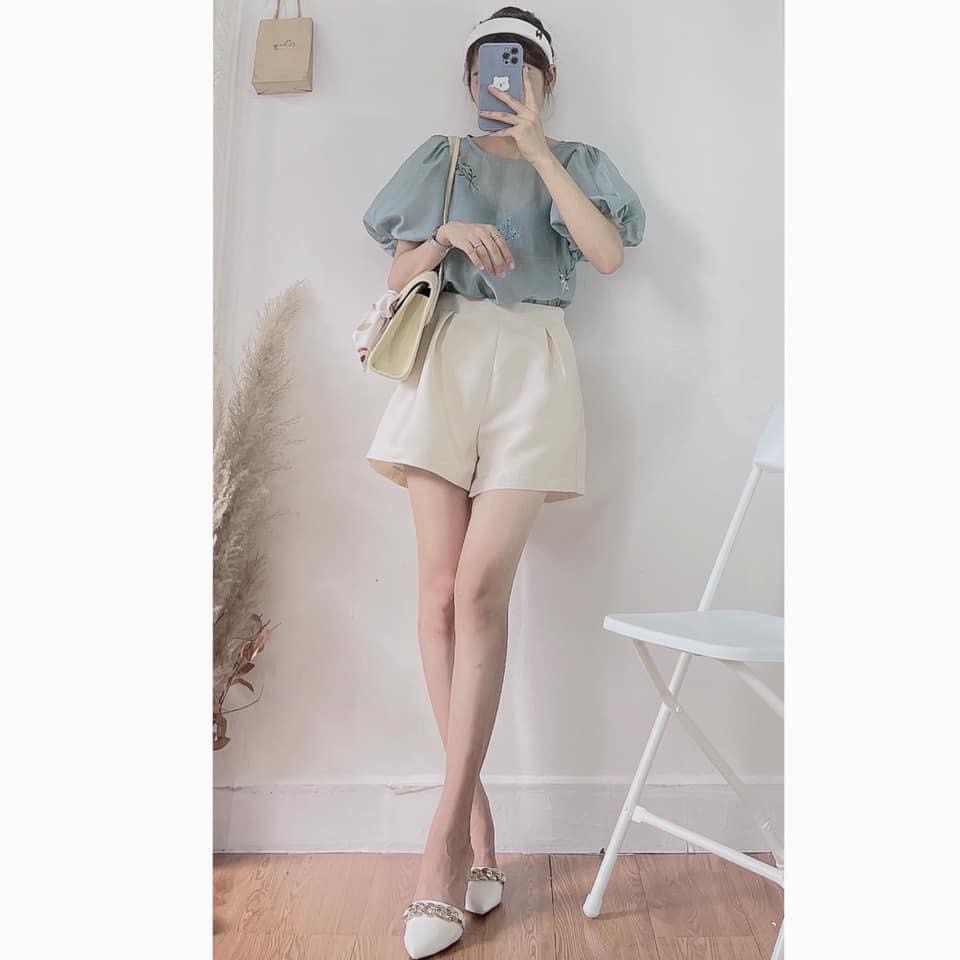 SET ÁO XANH HOA THÊU QUẦN ĐÙI KEM