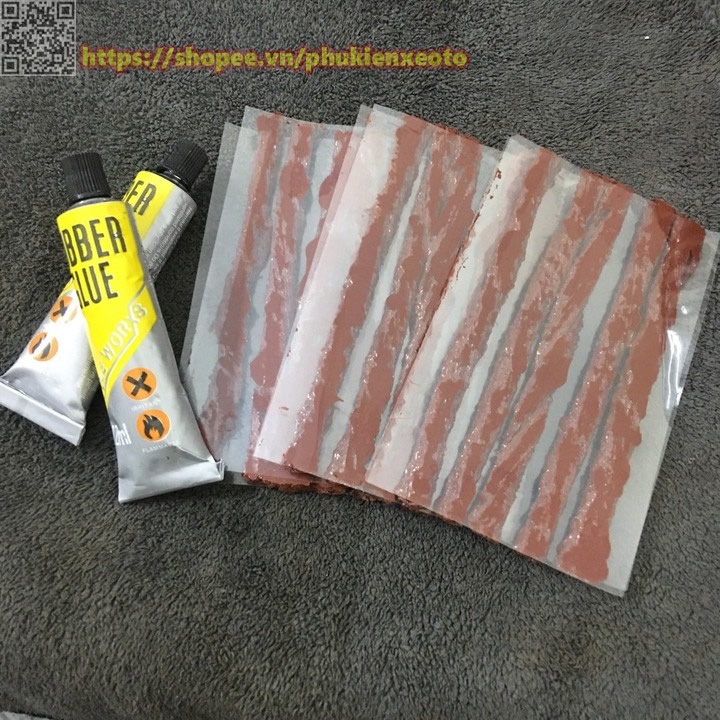 Combo 15 Miếng Vá Lốp - Sợi Vá Rút Và 2 Tuýt Keo Dùng Vá Săm Lốp Ô Tô Xe Máy Ruột Không Săm