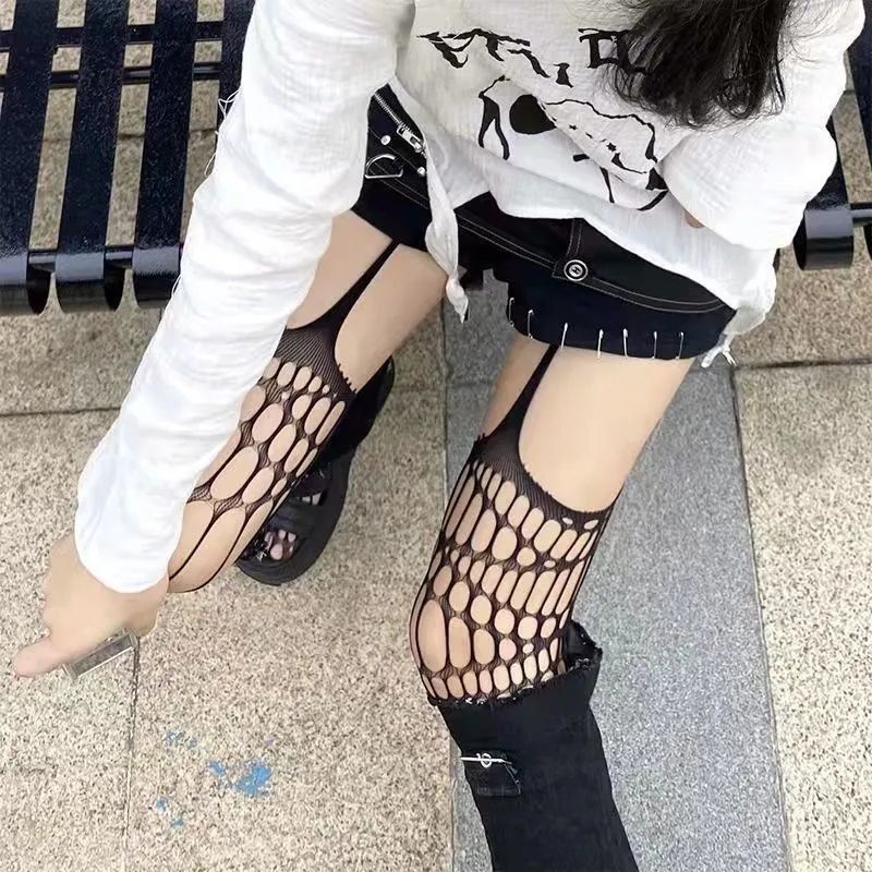 Quần Tất Lưới Dài Qua Gối Kẻ Sọc Đen Gợi Cảm Phong Cách Nhật Bản Cho Nữ Hàng Có Sẵn