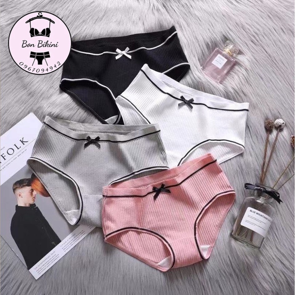 Quần Lót Nữ Cotton gân tăm viền đen điệu đà phối viền đen đính nơ xinh lưng vừa thời trang cho nữ
