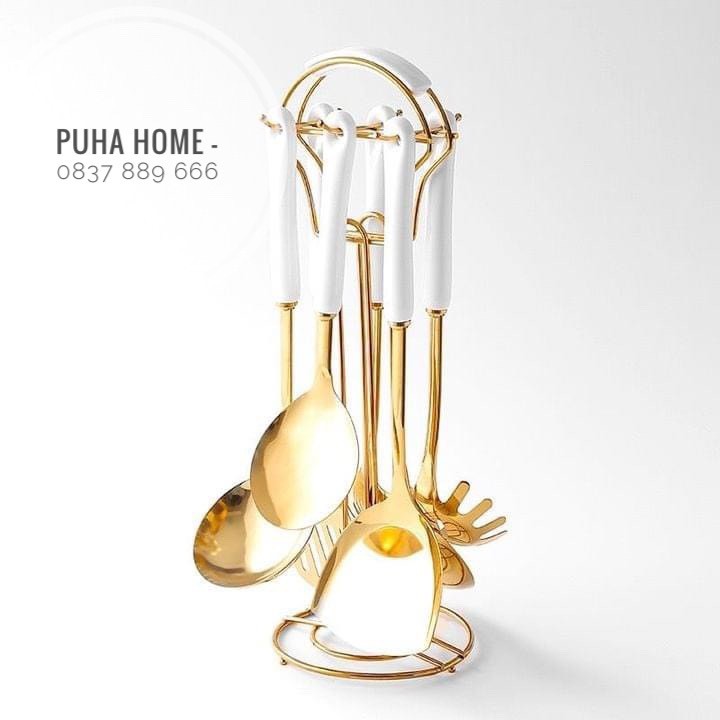 Bộ muôi 6 món kèm giá treo sang trọng - 3 màu trắng, hồng, xanh cổ vịt