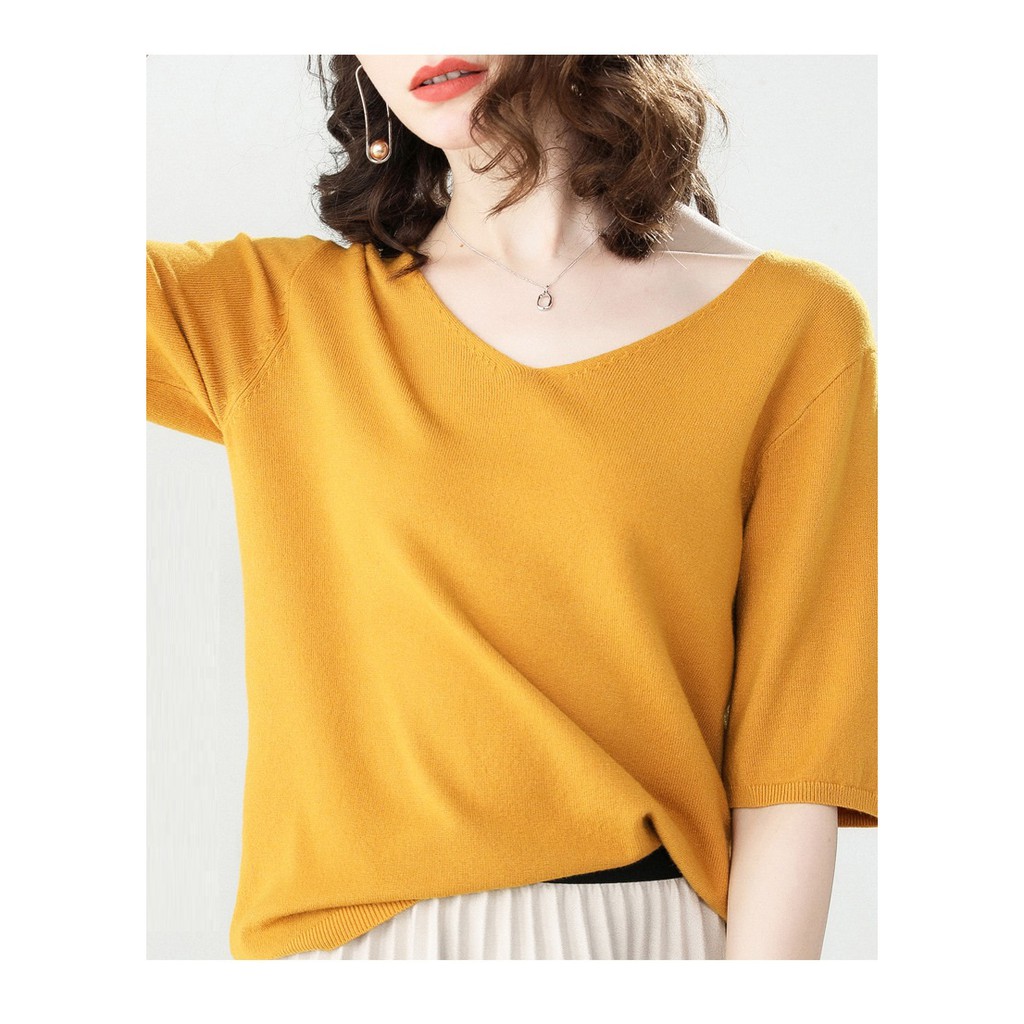 Áo len mỏng nữ, áo len tay cộc form rộng, chất len mềm mịn, thích hợp mùa xe lạnh, hàng nhập Quảng Châu | BigBuy360 - bigbuy360.vn