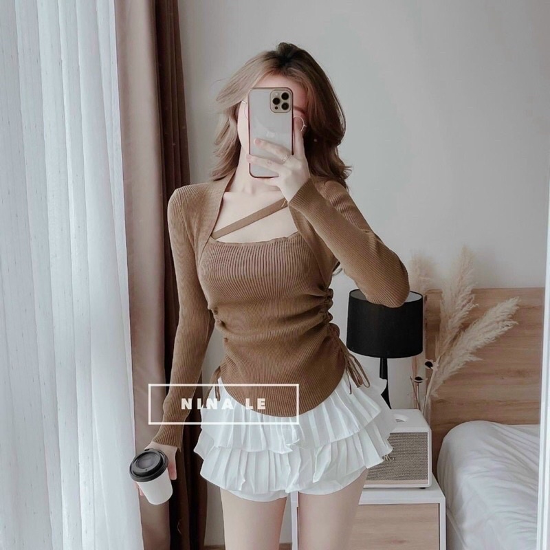 Áo kiểu cổ vuông tay dài 1 dây chéo ngực vạt bầu rút dây 2 bên cực hot , chất thun gân dày dặn - XUMI STORE