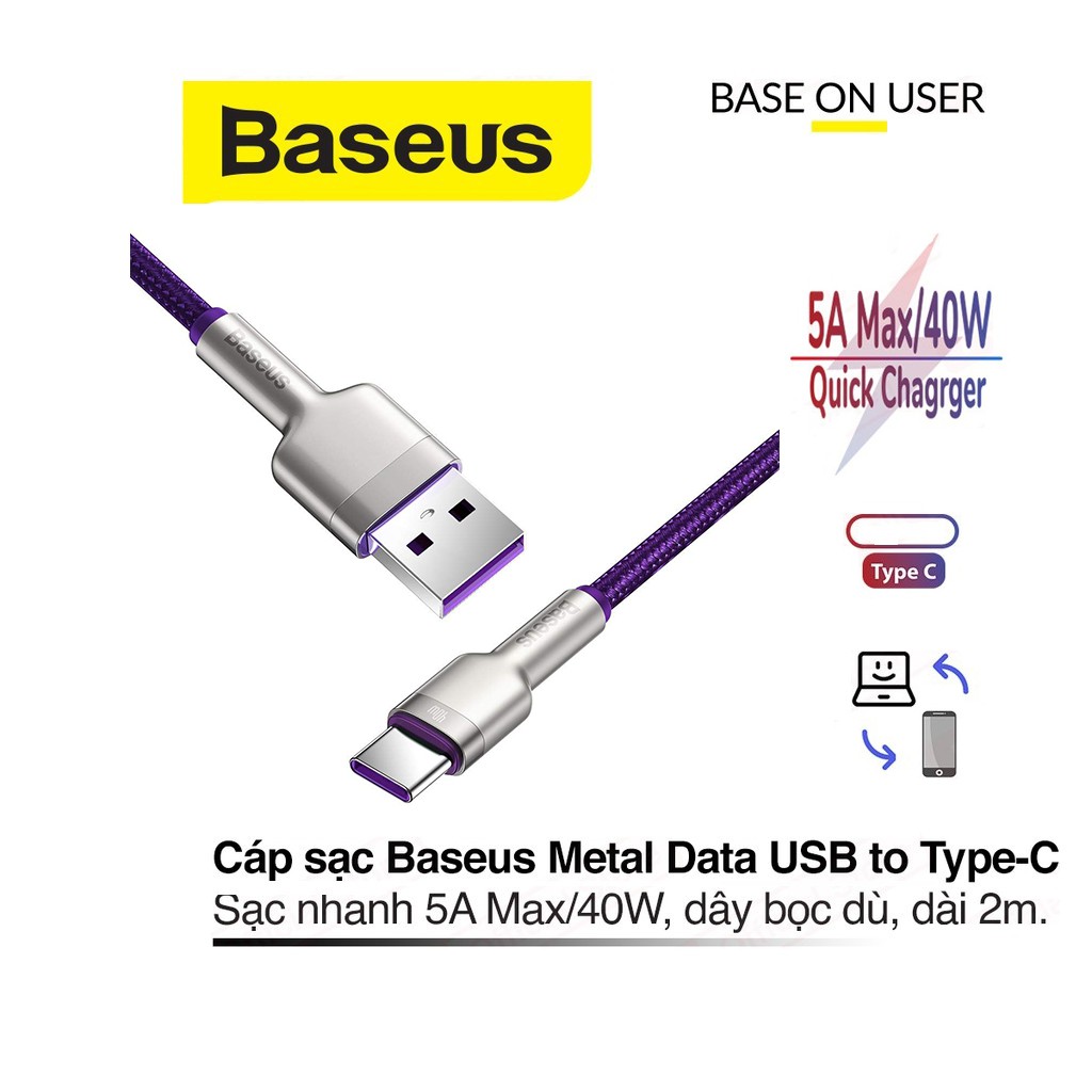 Cáp sạc nhanh 5A/40W Baseus Cafule Metal Type-C vải dù siêu bền , truyền dữ liệu nhanh cho Android dài 200CM