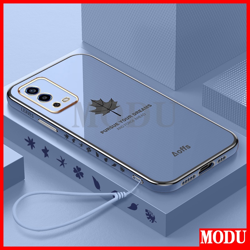 Ốp Điện Thoại Mềm Hình Vuông Mạ Họa Tiết Lá Phong Có Dây Đeo Cho OPPO A55 4G