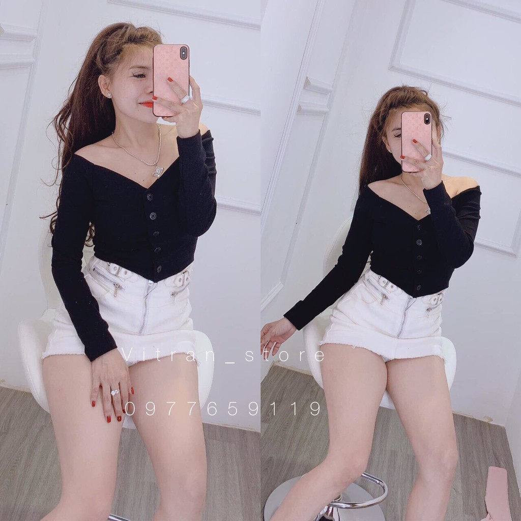 Áo croptop nữ xinh tay dài đính hàng nút cực xinh
