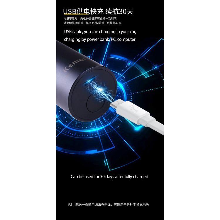 Máy Cạo Râu Điện Kemei Cho Nam Cầm Tay Cỡ Nhỏ Có Thể Rửa Được Sạc USB Sử Dụng Khô/Ướt Dễ Dàng Mang Theo