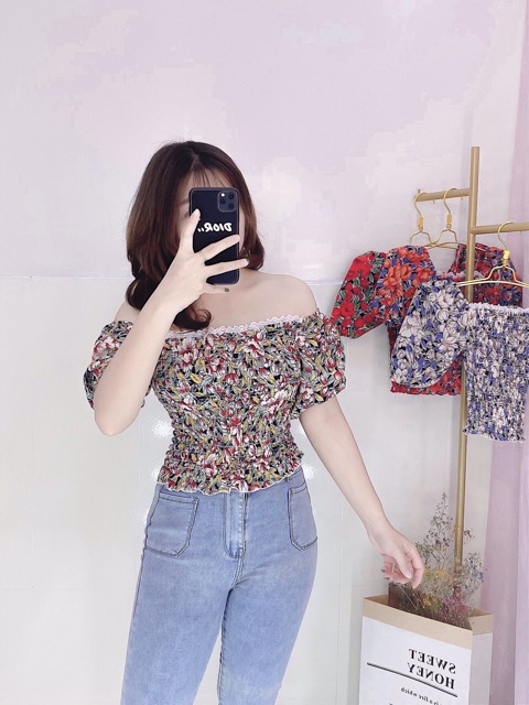 Áo bông nhúm vol lụa kiểu bệ vai tay ngắn cổ viền ren _FREESHIP
