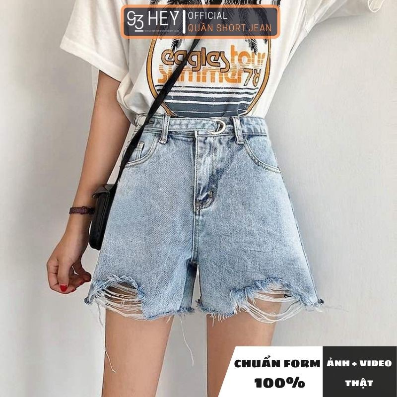 Quần Short Jean Nữ Ống Rộng Cạp Cao Rách Gấu Màu Xanh Đai Cúc Phong Cách 93HEY QS05