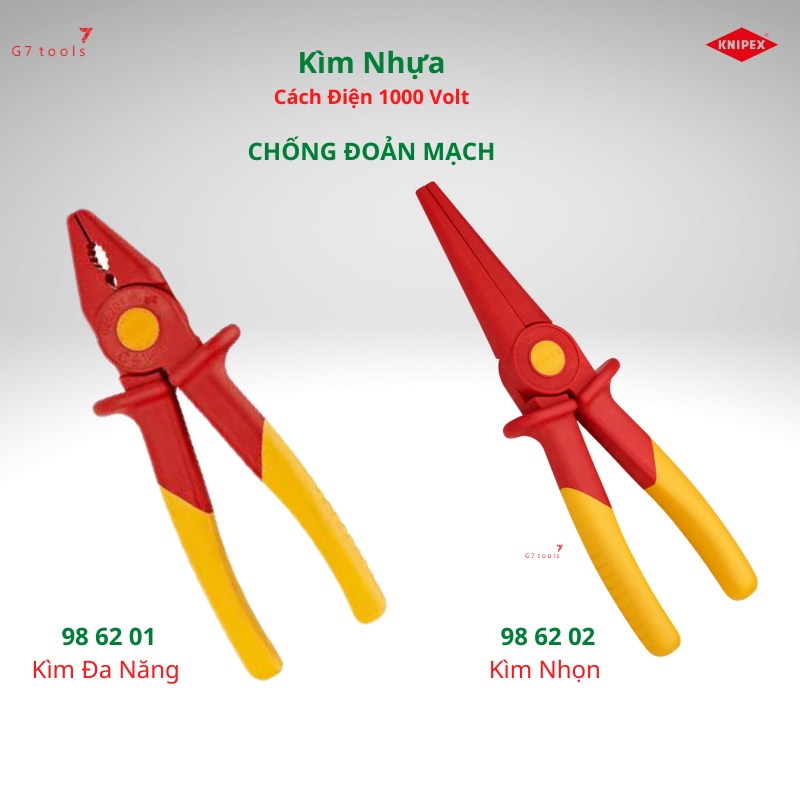 Kìm Gia Cường Sợi Thủy Tinh Chống Đoản Mạch Knipex Đa Năng 98 62 01 &amp; Kìm Nhọn 98 62 02