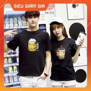 Áo đôi nam nữ màu đen, in cốc nổi bật, shop bán lẻ 1 áo